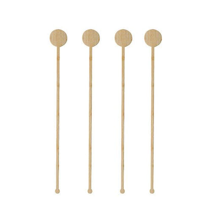 Quatro PAPSTAR 100 misturadores de bebidas de bambu "pure" da marca PAPSTAR GmbH com cabeças redondas e planas estão dispostos verticalmente em uma fila contra um fundo branco.