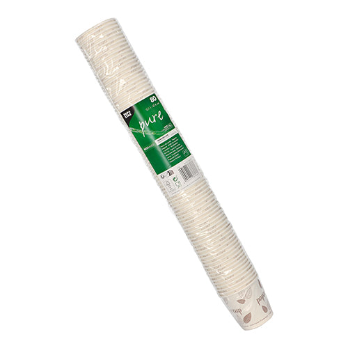 Um pacote de 60 copos descartáveis 80 "pure" da PAPSTAR GmbH de cartão branco, empilhados e embalados em uma capa transparente com etiqueta verde "pure" e informações do produto.