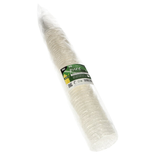 Um pacote com 50 copos descartáveis transparentes de bebida fria PLA "pure" da PAPSTAR GmbH, biodegradáveis, embalados individualmente e transparentes - ideal para bebidas frias.