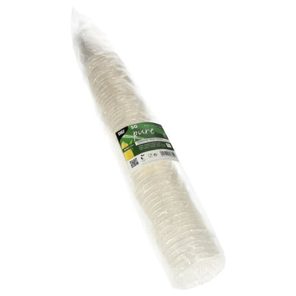 Um pacote com 50 copos descartáveis transparentes de bebida fria PLA "pure" da PAPSTAR GmbH, biodegradáveis, embalados individualmente e transparentes - ideal para bebidas frias.