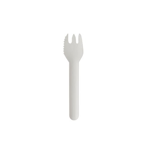 Uma embalagem com 100 garfos de bolo e snack brancos PAPSTAR "pure" (12,7 cm, serrilhados) da PAPSTAR GmbH, isolada sobre um fundo branco.