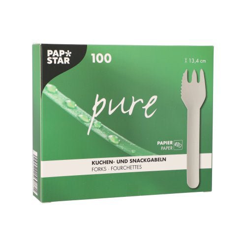 Uma caixa verde "PAPSTAR pure" da PAPSTAR GmbH contém 100 garfos de bolo e snack brancos, serrilhados, de papel (12,7 cm). A embalagem mostra uma imagem de um garfo e um close-up de um caule de planta com gotas de água.