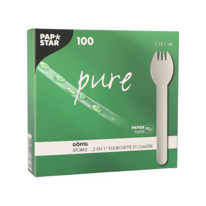 Uma caixa branca PAPSTAR Pure com rótulos em alemão e francês contém 100 göffels ecológicos e estáveis da PAPSTAR GmbH, cada um com 16 cm de comprimento. Na caixa está ilustrado um göffel.
