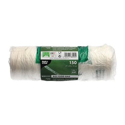Um rolo com 150 sacos de nós PAPSTAR (47x22 cm) de filme biológico transparente da PAPSTAR GmbH mostra uma banderola verde e branca com informações do produto e símbolos, que é mostrada sem uso sobre um fundo branco.