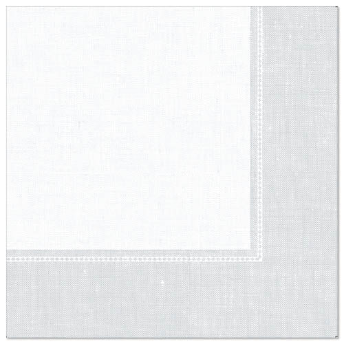 Guardanapo branco e quadrado da "ROYAL Collection" da PAPSTAR GmbH (40 x 40 cm, 1/4-dobra), exibido em um fundo branco liso, com borda cinza claro e padrão de costura discreto. Pacote com 50 peças.