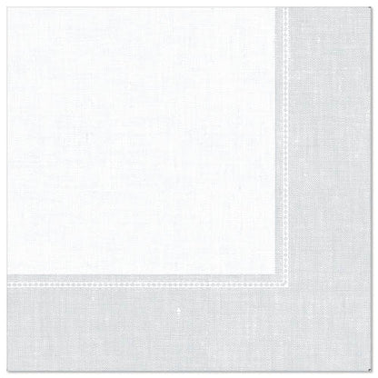 Guardanapo branco e quadrado da "ROYAL Collection" da PAPSTAR GmbH (40 x 40 cm, 1/4-dobra), exibido em um fundo branco liso, com borda cinza claro e padrão de costura discreto. Pacote com 50 peças.