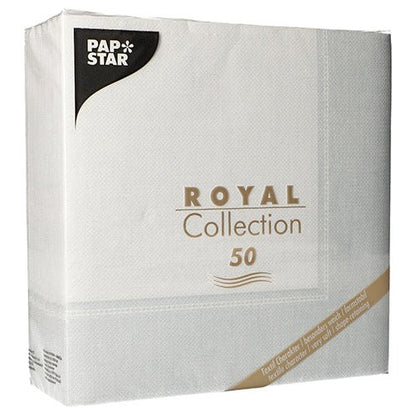 Um pacote de 50 guardanapos PAPSTAR "ROYAL Collection" 1/4-dobra, 40 x 40 cm em branco, da PAPSTAR GmbH, com branding marcante e detalhes da coleção na embalagem.