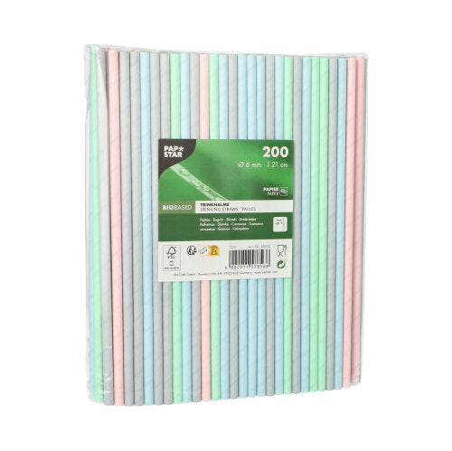Um pacote com 200 palhinhas de papel PAPSTAR GmbH, 21 cm de comprimento e 6 mm de largura, em várias cores, vem em uma embalagem de plástico transparente. Estas coloridas palhinhas de papel dão um toque alegre a qualquer ocasião.
