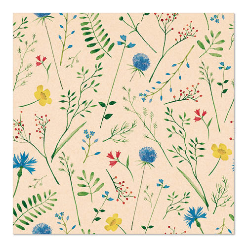 O guardanapo bege PAPSTAR 20 guardanapos 33x33 cm da PAPSTAR GmbH apresenta um padrão de flores silvestres coloridas - azul, amarelo e vermelho - e folhas verdes, distribuídas uniformemente sobre a superfície natural de 3 camadas.