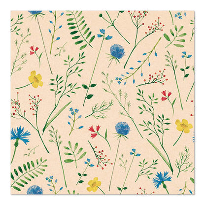 O guardanapo bege PAPSTAR 20 guardanapos 33x33 cm da PAPSTAR GmbH apresenta um padrão de flores silvestres coloridas - azul, amarelo e vermelho - e folhas verdes, distribuídas uniformemente sobre a superfície natural de 3 camadas.