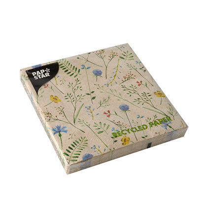 Um pacote quadrado PAPSTAR 20 guardanapos, 33x33 cm, 3 camadas, de papel reciclado com padrão de flores e etiqueta preta "PAP STAR" no canto superior esquerdo, embalado em plástico transparente. Marca: PAPSTAR GmbH.