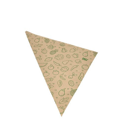 Os PAPSTAR 1000 cones, papel kraft marrom "Frutas & Legumes" da PAPSTAR GmbH são guardanapos de papel marrons, triangulares e ecológicos, com ilustrações de frutas e legumes com bordas verdes.