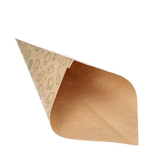 Os PAPSTAR 1000 cones, papel kraft marrom "Frutas & Legumes" da PAPSTAR GmbH são apresentados vazios, com ilustrações de frutas e legumes verde-claros, fotografados em fundo branco.