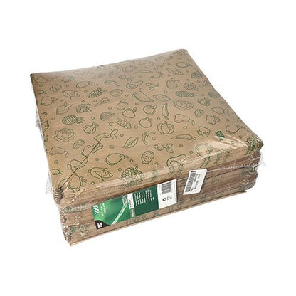 PAPSTAR 1000 cones de papel kraft marrom "Frutas & Legumes" com ilustrações de alimentos verdes, em saco transparente com etiqueta verde e branca - ideal para transporte ecológico de frutas e legumes.