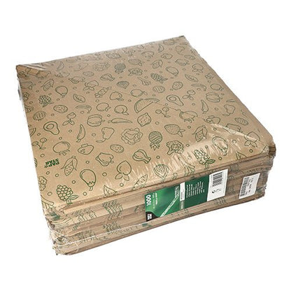 Uma pilha de PAPSTAR 1000 cones, papel kraft marrom "Frutas & Legumes" da PAPSTAR GmbH, com ilustrações de frutas e legumes verdes, embalados em filme transparente e etiqueta lateral verde e branca.