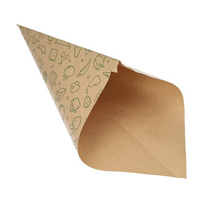 Os PAPSTAR 1000 cones papel kraft marrom "Frutas & Legumes" da PAPSTAR GmbH são um saco elegante e ecológico com motivo de frutas e legumes verdes no interior, ideal para servir lanches de forma sustentável. Apresentado vazio em fundo branco.
