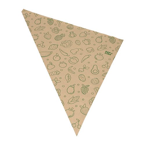 Os PAPSTAR 1000 cones da PAPSTAR GmbH são sacos de papel kraft marrons, triangulares, com impressão de frutas e legumes verdes - perfeitos como sacos ecológicos para o transporte de frutas e legumes.