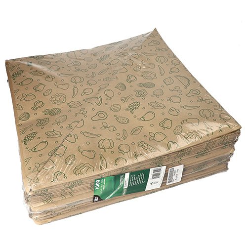 Uma pilha de PAPSTAR 1000 cones de papel kraft marrom "Frutas & Legumes" da PAPSTAR GmbH, embalados em plástico transparente com designs ecológicos de frutas e legumes verdes e uma etiqueta de informações do produto verde e branca visível na lateral.