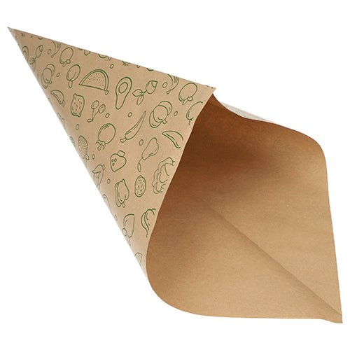 Os PAPSTAR 1000 cones, papel kraft marrom "Frutas & Legumes" da PAPSTAR GmbH são sacos de alimentos vazios, parcialmente abertos, com motivos de frutas e legumes verde-claros - ideais para o transporte ecológico de frutas e legumes.