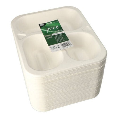 100 tigelas seladas brancas PAPSTAR de cana-de-açúcar, divididas em 3 partes, 925 ml cada tigela, embaladas de forma sustentável com uma faixa verde e branca. Da PAPSTAR GmbH.
