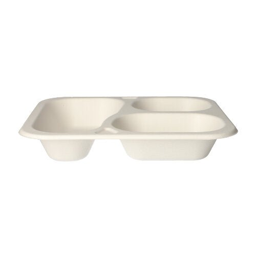 As tigelas seladas de cana-de-açúcar PAPSTAR GmbH são brancas, retangulares, descartáveis, de 3 partes (925ml), feitas de material biodegradável. Mostrado de lado em um fundo branco sólido. Pacote com 100 unidades.