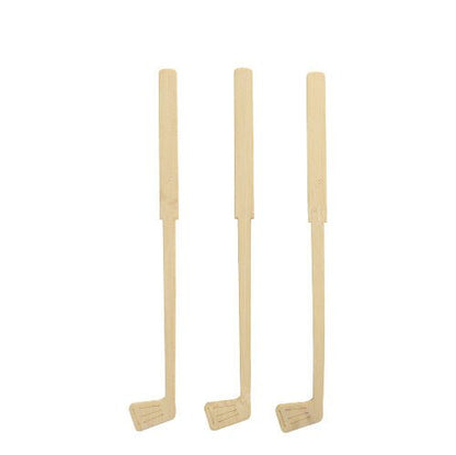 Três PAPSTAR 100 misturadores de bebidas de bambu "pure" da PAPSTAR GmbH, moldados como tacos de golfe, estão em pé em uma fila contra um fundo branco.