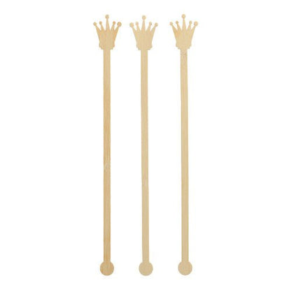 Três PAPSTAR 100 misturadores de bebidas de bambu da PAPSTAR GmbH estão em pé. Cada misturador simples tem uma ponta em forma de coroa, uma base redonda e é livre de cores ou decorações adicionais.