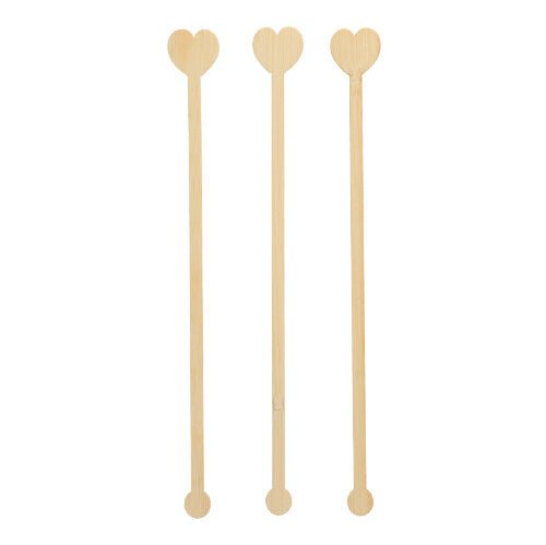 Três PAPSTAR 100 misturadores de bebidas, bambu "pure" da PAPSTAR GmbH estão dispostos verticalmente sobre um fundo branco, demonstrando sua característica ecológica e biodegradável.
