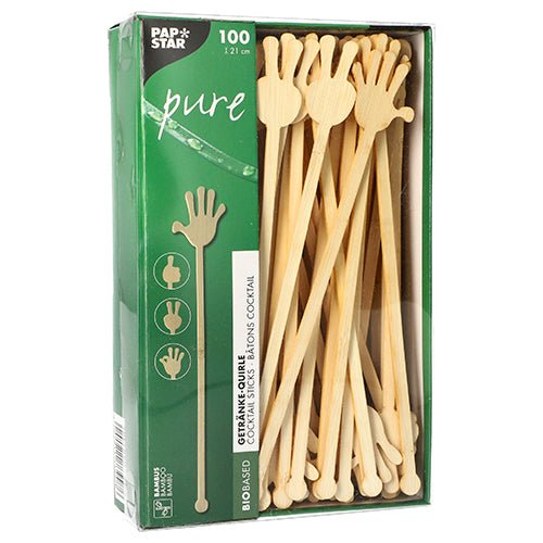 PAPSTAR 100 misturadores de bebidas, bambu "pure" da PAPSTAR GmbH: 100 palitos de bambu ecológicos, biodegradáveis (21 cm), moldados à mão em uma extremidade, em caixa verde – à base de bio e sustentável.