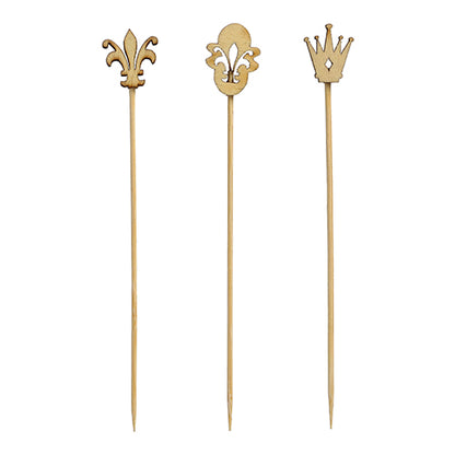 Os PAPSTAR 100 palitos de finger food "pure" da PAPSTAR GmbH são claros, feitos de plástico de alta qualidade, afilados e ideais para festas ou eventos – decorados com flor-de-lis, escudo e coroa.