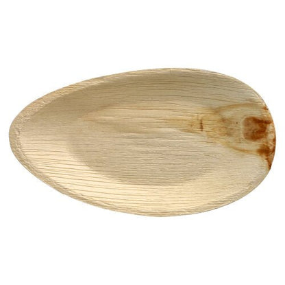 O PAPSTAR 25 Prato de folha de palma "pure" da PAPSTAR GmbH é um prato oval, claro, biodegradável com veios de madeira e uma coloração acastanhada única – ideal para eventos ecológicos.