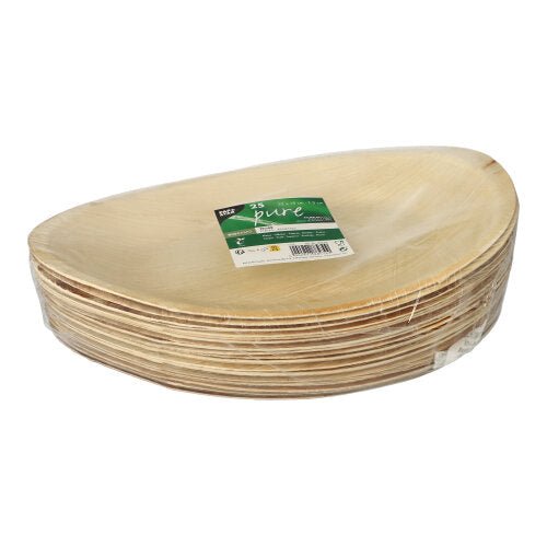 Uma pilha de PAPSTAR 25 pratos, folha de palma "pure" da PAPSTAR GmbH – oval, ecológico, biodegradável e em embalagem plástica transparente com rótulo verde e branco.