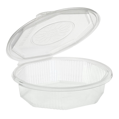 Uma caixa de menu Starpak PP transparente, octogonal (5,9 x 21,5 x 21,5 cm) com tampa dobrável, que revela o conteúdo vazio; padrão de flores em relevo na tampa. Ideal para armazenamento de alimentos. Conjunto de 25 caixas de menu com tampa dobrável, transparente.
