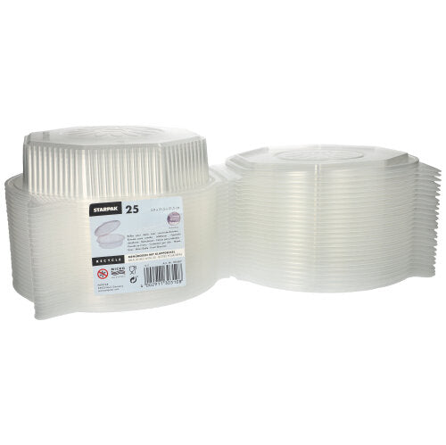 Dois conjuntos de 25 caixas de menu Starpak com tampas dobráveis, PP transparente e octogonais (5,9 x 21,5 x 21,5 cm) estão ilustrados lado a lado. Ideal para armazenamento de alimentos ou para servir refeições em qualquer evento.
