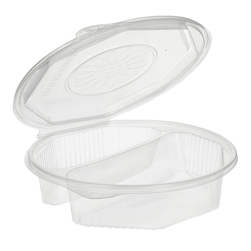 Um recipiente transparente Starpak 25 para caixas de menu PP, octogonal com tampa dobrável (5,9 x 21,5 x 21,5 cm), mostrado aberto - ideal para armazenamento prático de alimentos.