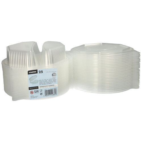 É mostrado um conjunto de 25 caixas de menu Starpak com tampas dobráveis, de PP transparente (octogonal, 5,9 x 21,5 x 21,5 cm). A etiqueta contém informações da marca e instruções de uso - ideal para armazenamento de alimentos ou para servir.