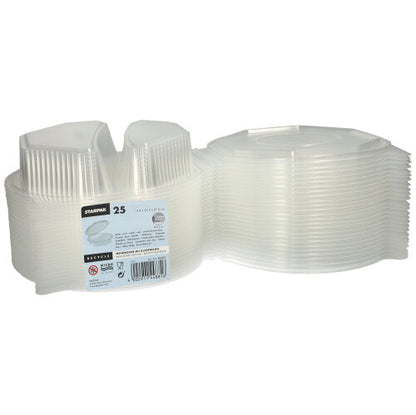 É mostrado um conjunto de 25 caixas de menu Starpak com tampas dobráveis, de PP transparente (octogonal, 5,9 x 21,5 x 21,5 cm). A etiqueta contém informações da marca e instruções de uso - ideal para armazenamento de alimentos ou para servir.