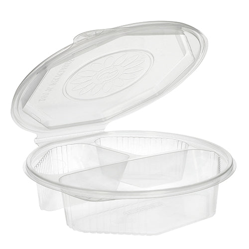 As caixas de menu Starpak 25 com tampas dobráveis são recipientes transparentes, octogonais de PP (5,9 x 21,5 x 21,5 cm) com tampa articulada e duas divisórias - ideal para armazenar e separar alimentos.