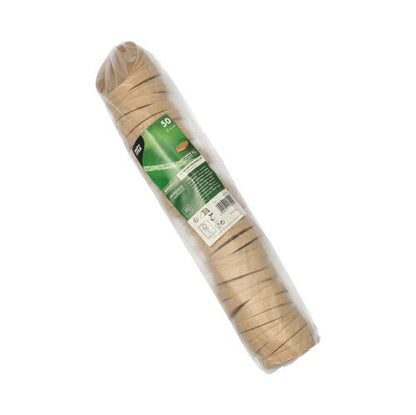 Um pacote selado com 50 tampas redondas e marrons da PAPSTAR GmbH (Ø 6 cm) para copos de porção está empilhado e possui um rótulo verde com informações. Produto: tampa PAPSTAR para copos de porção, marrom.