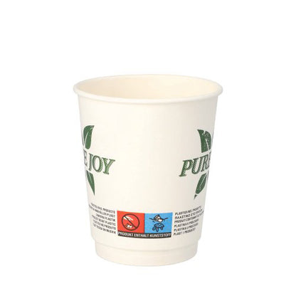 O copo de bebida de parede dupla PAPSTAR (8 cm, branco, "Pura Alegria") da PAPSTAR GmbH tem um design de folhas verdes, símbolos ecológicos na área inferior e oferece uma opção ecológica em embalagem de 20 unidades.