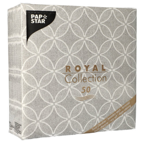 Um pacote quadrado de PAPSTAR 50 guardanapos "ROYAL Collection" 1/4-dobra 40 x 40 cm cinza da PAPSTAR GmbH, com guardanapos de alta qualidade em cinza da Royal Collection.
