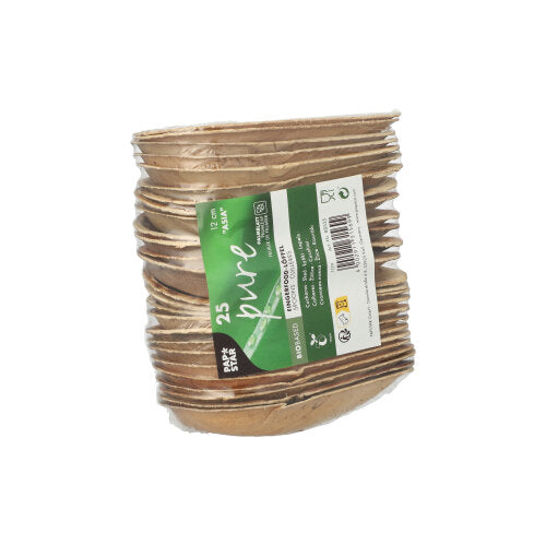 Um conjunto de 25 colheres de aperitivo PAPSTAR feitas de folha de palma, design "Asia" de 12 cm, em película retrátil com um rótulo verde e branco, indicando o tamanho, a quantidade, os símbolos ecológicos e a informação de que são biodegradáveis. Marca: PAPSTAR GmbH.