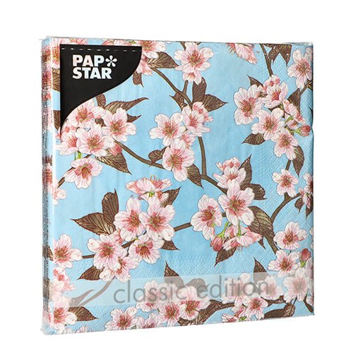 Um conjunto de 20 peças PAPSTAR guardanapos, 33x33 cm, 3-camadas, 1/4-dobra, design conjunto 5 da PAPSTAR GmbH. Na embalagem transparente, são visíveis o padrão floral e as etiquetas da marca.