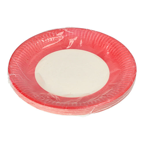O PAPSTAR 20 pratos, papelão redondo Ø 23 cm da PAPSTAR GmbH tem uma borda vermelha e um centro branco, é entregue em uma embalagem de plástico transparente e é ideal para eventos – aqui ilustrado sobre um fundo branco.