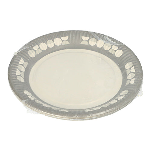 Uma pilha de 10 pratos PAPSTAR, papelão redondo Ø 23 cm, da PAPSTAR GmbH, embalados em filme transparente. Cada prato descartável tem uma borda discreta de folhas e pontos – ideal para festas e eventos.