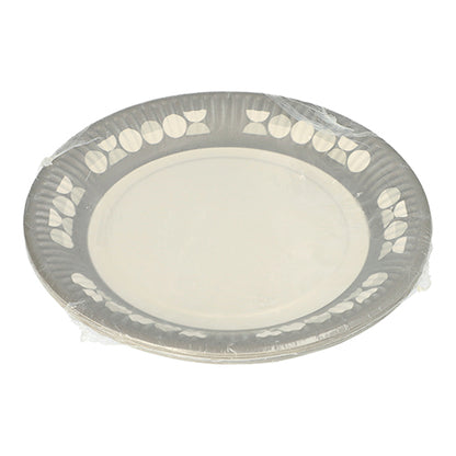Uma pilha de 10 pratos PAPSTAR, papelão redondo Ø 23 cm, da PAPSTAR GmbH, embalados em filme transparente. Cada prato descartável tem uma borda discreta de folhas e pontos – ideal para festas e eventos.