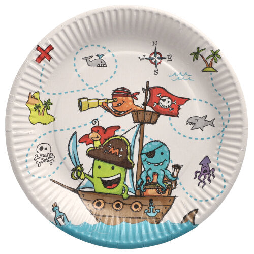 Os 10 pratos da PAPSTAR GmbH, papelão redondo, Ø 23 cm, mostram animais marinhos piratas de desenho animado em um navio, fundo de mapa do tesouro, palmeiras, bússola, ilha, baleia, tubarão e polvo roxo – ideal para festas e eventos.