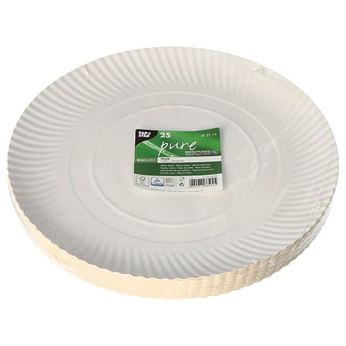 PAPSTAR GmbH 25 pratos de papel "pure" redondos e brancos: Pratos descartáveis brancos de papelão sustentável, cada embalagem contém 25 pratos ecológicos com borda ondulada e etiqueta verde e branca, embalados em filme transparente.