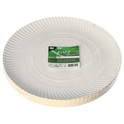 PAPSTAR GmbH 25 pratos de papel "pure" redondos e brancos: Pratos descartáveis brancos de papelão sustentável, cada embalagem contém 25 pratos ecológicos com borda ondulada e etiqueta verde e branca, embalados em filme transparente.