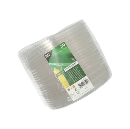 Um pacote com 50 tampas transparentes e redondas para tigelas de salada de PLA da PAPSTAR GmbH (2 cm de altura), ideal para manter saladas frescas e perfeitamente ajustadas a pratos de plástico transparentes.